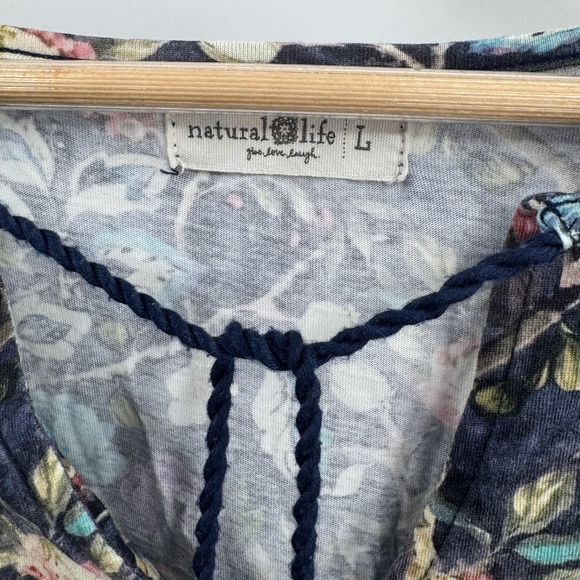 Natural Life Lia Tunic Dress Tassel Neck Blue Cotton Floral Boho Peasant Size L - Picture 4 of 7